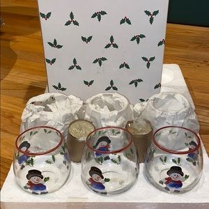 Hand painted Snowman glass candle holders w/ tea lights set of 6
